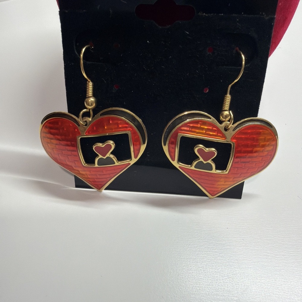 Vintage Edgar BEREBI Gold Tone Red Enamel Heart Drop Hook Earrings Signed